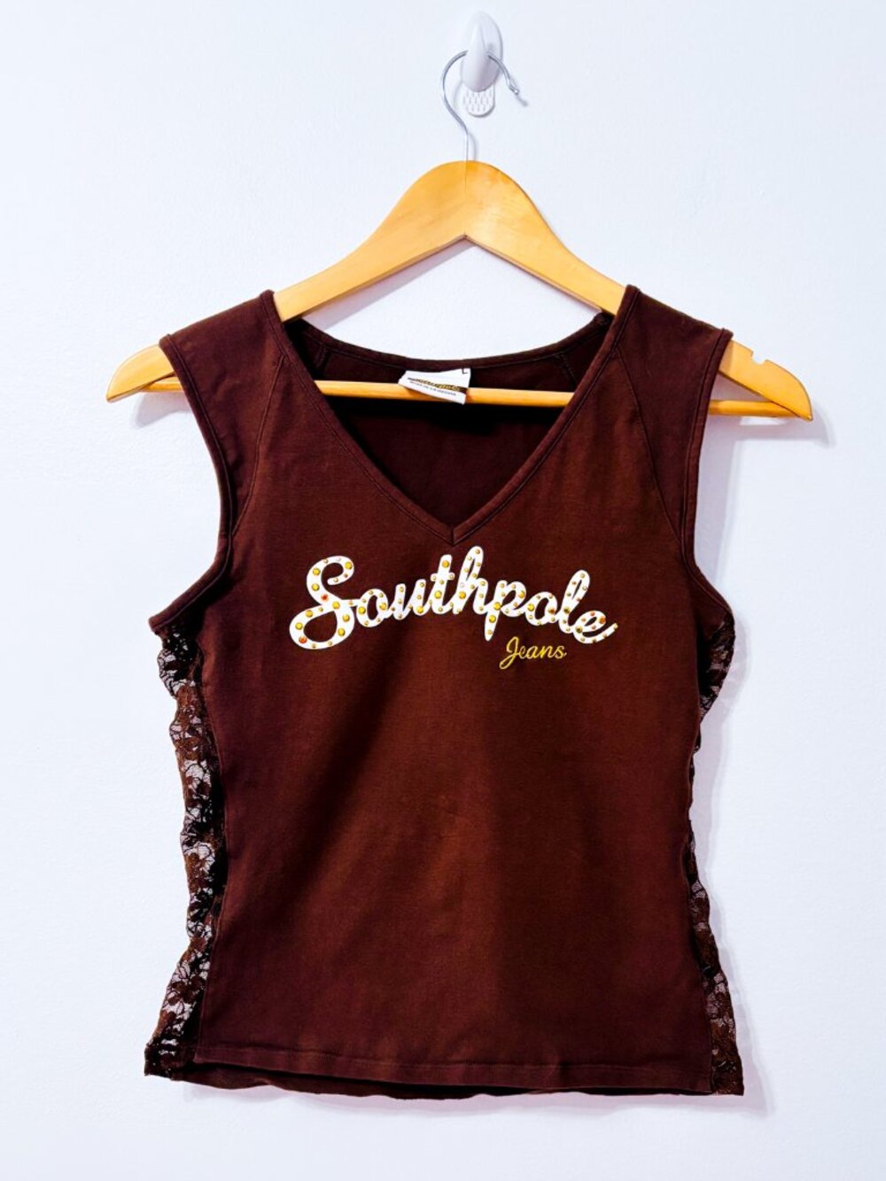 SOUTHPOLE Brown Rhinestone Logo Lace Panel V-Neck Tank Top Large
